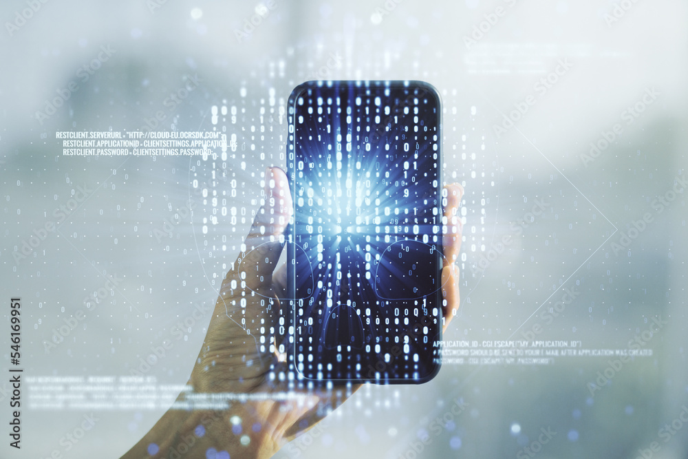 Poster creative code skull sketch and hand with cellphone on background, theft of personal data and malware
