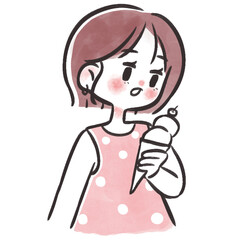 Female eating ice cream hand drawn illustration in minimalist cartoon design