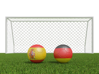 Footballs in flags colors on  soccer field. Australia with Denmark. 3d rendering