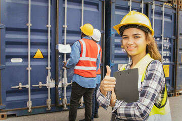Portrait caucasian female worker container engineering standing smiling posing thumbs up teamwork together african american male worker cooperation multiracial worker logistics team caco import export