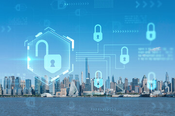 Fototapeta na wymiar New York City skyline from New Jersey over the Hudson River towards Midtown Manhattan at day time. The concept of cyber security to protect confidential information, padlock hologram