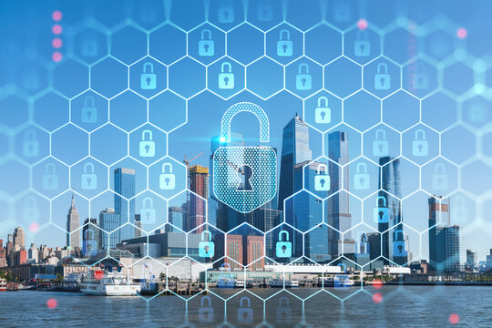 New York City skyline from New Jersey over the Hudson River towards the Hudson Yards at day. Manhattan, Midtown. The concept of cyber security to protect confidential information, padlock hologram