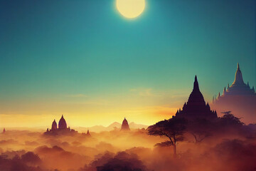 firewatch wallpaper background. beautiful scenery landscape graphic design. Bagan Myanmar , Burma