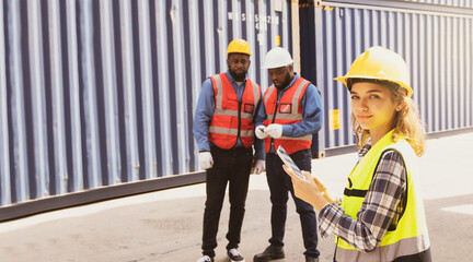 Portrait caucasian female worker container engineering stand smiling posing thumbs up teamwork...