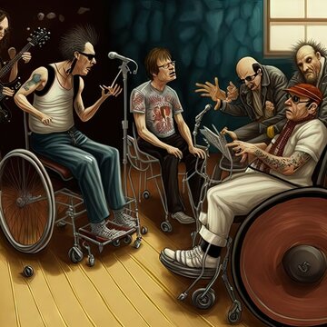 Discapacity rock party with people from all ages sharing and enjoying rock music on their wheel chairs