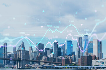 Brooklyn bridge with New York City Manhattan, financial downtown skyline panorama at day time over East River. Forex graph hologram. The concept of internet trading, brokerage and fundamental analysis