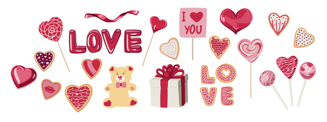 Valentine s Day Set. Heart-shaped lozenges, candy and cookies. The inscription love. Collection of scrapbooking design elements for valentines day. Romantic vector icons pack.