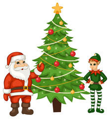 Santa Claus and an elf near the Christmas tree. Vector illustration.