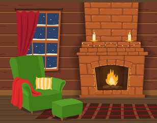 Chair by the fireplace. The interior of the living room with wooden walls. Cartoon style. Vector illustration.