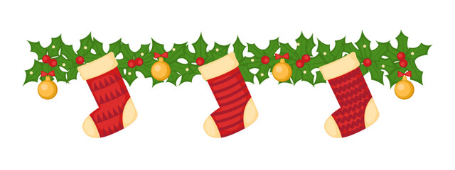 Christmas garland made of holly, decorated with ball and stockings. Isolated on white background. Vector illustration.