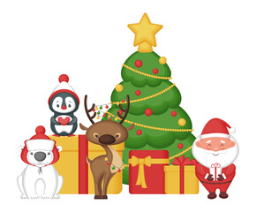 Christmas concept. Cute cartoon characters and animals. Vector illustration.