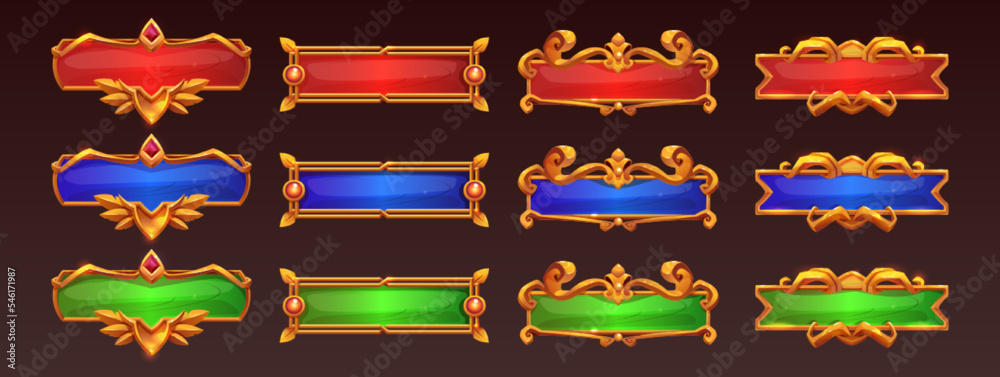 Poster medieval game frames or buttons, user interface menu elements. oblong colorful ui banners with gold 