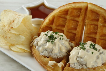 Tuna melt sandwich waffle with chips and syrup