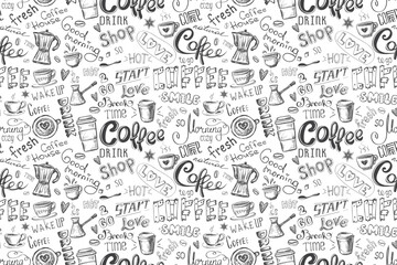 Seamless pattern with coffee. Various words, mugs and signs on coffee theme, on white background. Texture with doodle coffee symbols, decor, hand drawn wallpaper for web, print.
