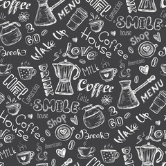 Seamless pattern with coffee elements. Various words, mugs and signs on coffee theme, on dark background. Printable texture with doodle coffee symbols, decor. Hand drawn wallpaper.