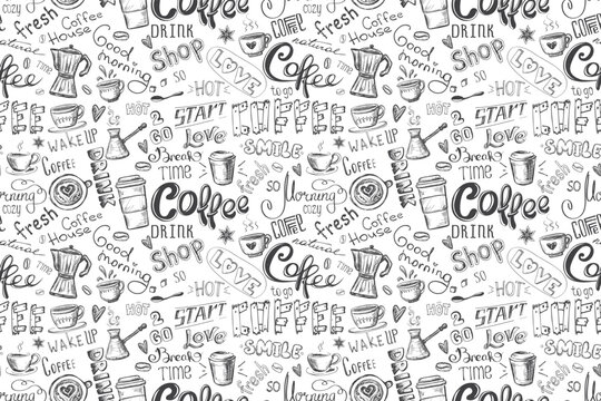 Seamless pattern with coffee. Various words, mugs and signs on coffee theme, on white background. Texture with doodle coffee symbols, decor, hand drawn wallpaper for web, print.