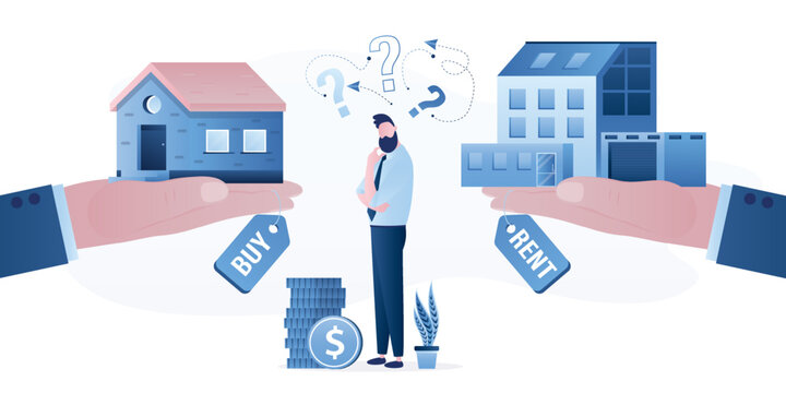 Investment and lifestyle choice, confused businessman making decision to buy or rent property. Making decision for owning property and real estate, House rent or buy,