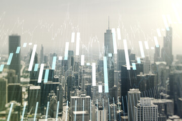 Multi exposure of virtual abstract financial diagram on Chicago office buildings background, banking and accounting concept