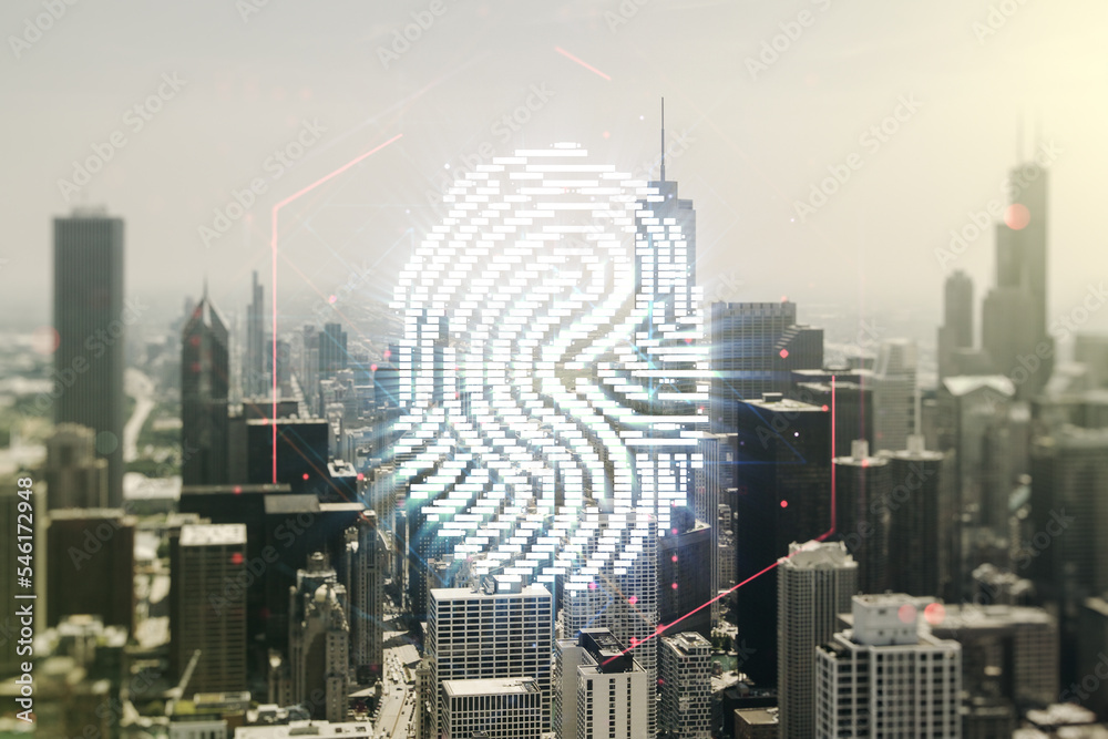 Poster multi exposure of virtual fingerprint scan interface on chicago office buildings background, digital