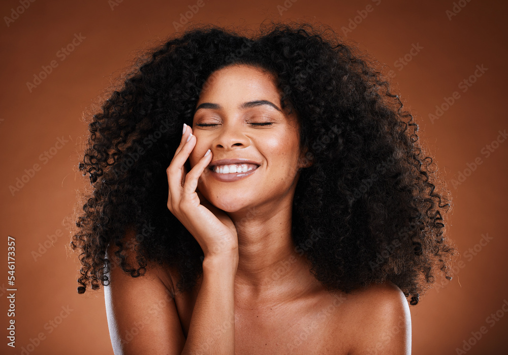 Poster Hair care, smile and black woman natural beauty of a model with skincare, wellness and healthy body. Happy, cosmetic and skin health of a person with an afro with happiness or content face with joy