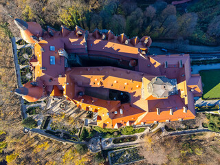 An aerial view of the Książ castle in Poland. Roof, trees, nature, gardens, tour, sightseeing.