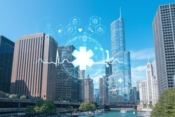 Fototapeta premium Panorama cityscape of Chicago downtown and Riverwalk, boardwalk with bridges at day time, Illinois, USA. Health care digital medicine hologram. The concept of treatment and disease prevention
