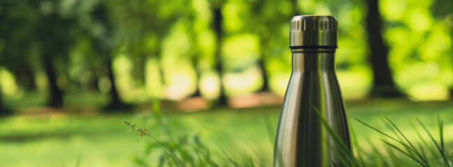 Water bottle. Reusable steel thermo water bottle on green grass. Sustainable lifestyle. Plastic...