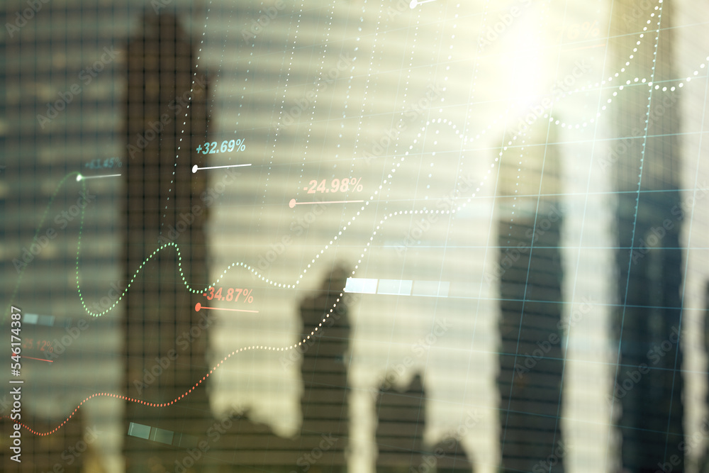 Poster Multi exposure of stats data illustration on office buildings background, computing and analytics concept