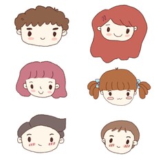 Set of people faces. Family member face icons such as  dad, mom, girl, boy. Vector illustration with hand-drawn style. 