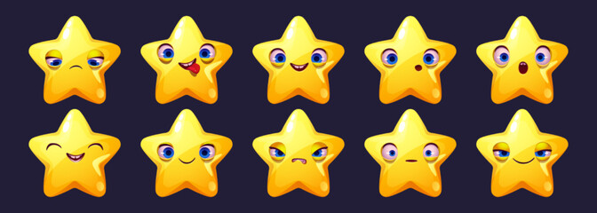 Cute star character face emoji set, cartoon ui game comic object happy, sad, surprised wow, show tongue and angry. Funny space, galaxy, universe personage, kawaii yellow twinkle Vector illustration