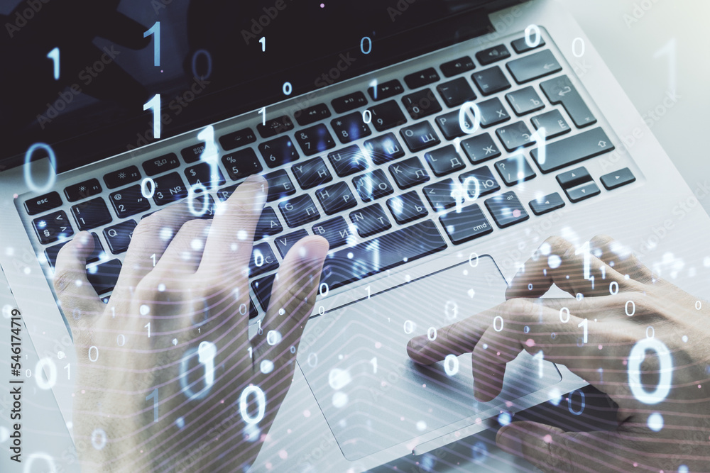 Fototapete creative concept of binary code illustration and hands typing on laptop on background. big data and 