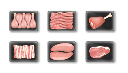 Fresh raw meat products in plastic packages. Chicken, beef pork on trays or vacuum wrap containers