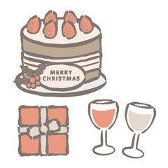 クリスマス（プレゼント,ワイン,シャンパン）　イラスト　セット