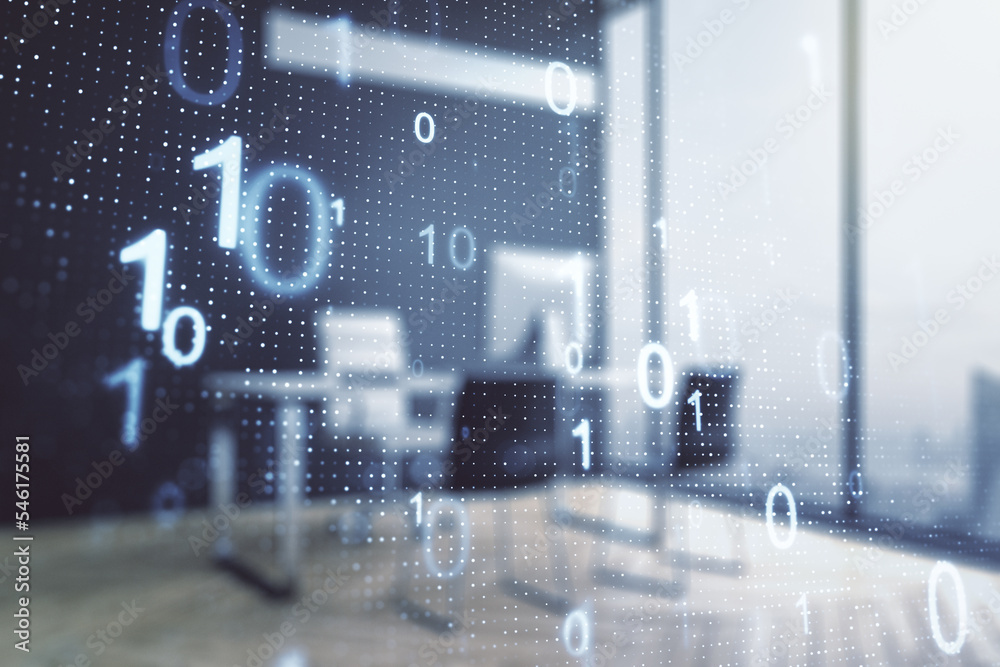 Fototapete double exposure of creative abstract binary code hologram and modern desktop with laptop on backgrou