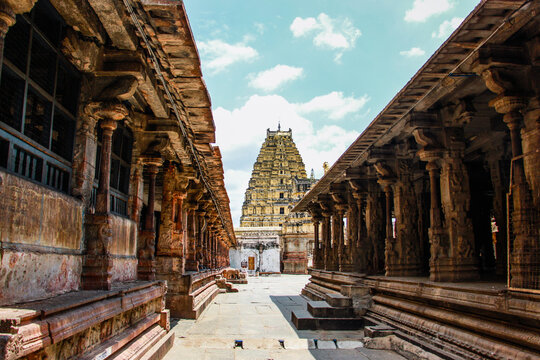 Beautiful Inner view of Virupaksha temple with pillars hampi karnataka india. unesco world heritage site