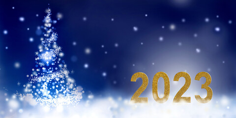 2023  new year golden year with  abstract christmas tree on blue background