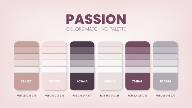 Color palette in a Passion colour themed collections. Color scheme or colors chart template. Color combination set of RGB, HSL and HEX codes. Color swatch for art, fashion, home design, or web design.