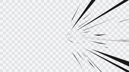 Naklejka premium Abstract comic book flash explosion radial lines on transparent background. Vector illustration superhero design. Bright black light strip burst. Flash ray blast glow. Speed lines Manga frame. Anime