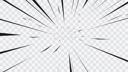 Obraz premium Abstract comic book flash explosion radial lines on transparent background. Vector illustration superhero design. Bright black light strip burst. Flash ray blast glow. Speed lines Manga frame. Anime