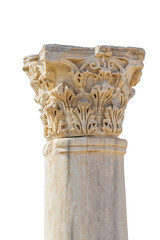 Corinthian capital (partially ruined) from the Temple of Apollo, the God of sunlight. in Side (Turkey). Isolated, white background. Design or art history concept