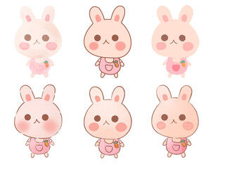Little rabbit in carrot overalls with different painting techniques