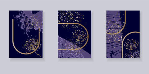 Luxury artistic creative universal cards for wedding invitation, covers, holiday cards. Purple and gold background with flowers, grunge texture and glitters.