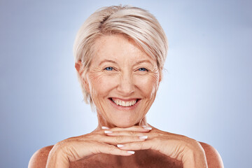 Skincare, beauty and portrait of a senior woman with a natural healthy face routine in studio....