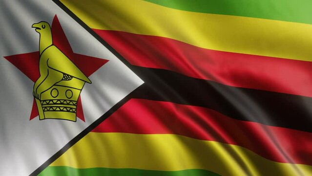 A waving Zimbabwe flag in the best quality with a fabric texture. Slow motion. 4K loop animation.