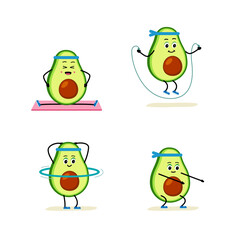 Cartoon Avocado gym, health, fitness. Set Vector illustration concept healthy