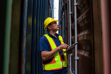Container yard worker checking container at container yard warehouse. Import and export concept.