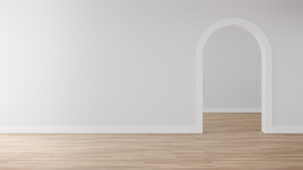 Empty grey arch wall with white skirting board on wooden floor. 3d rendering of interior living room