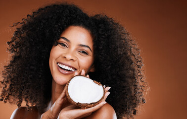 Hair, model and beauty portrait with coconut for natural curly hair care cosmetic treatment....