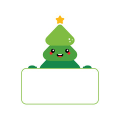 Cute smiling green christmas trees character holding in hands blank card, banner.
