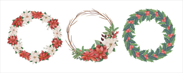 Set Watercolor Christmas floral frame or winter floral wreath consisting of flowers, leaves and branches. Frame vignette with a bouquet of flowers. Crown and Arch. Suitable for holiday invitation card